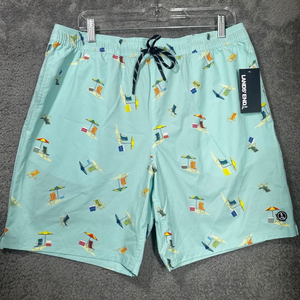 Lands' End Swim Trunks Mens L Aqua Blue Beach Chair Print Board Shorts 7.5" Inse